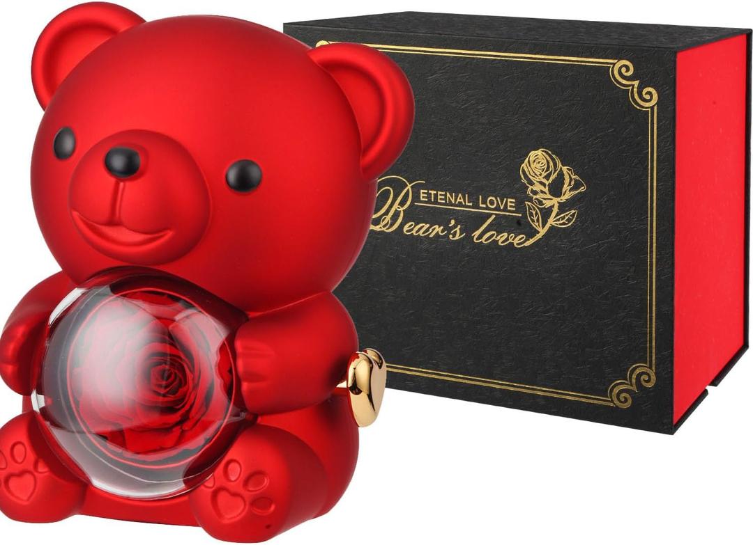 Cute Teddy Bear with Forever Preserved Real Rose,Eternal Flowers Elegant Rose Box with Teddy Bear Gift Card, Romantic Gift for Her in Valentine's Day, Mother's Day,Weddings (Red)