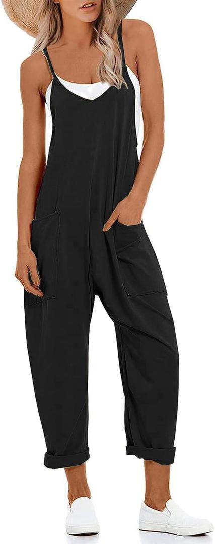 Muchpow Women's V Neck Sleeveless Jumpsuits Spaghetti Straps Harem Long Pants Overalls With Pockets (Large, Black)