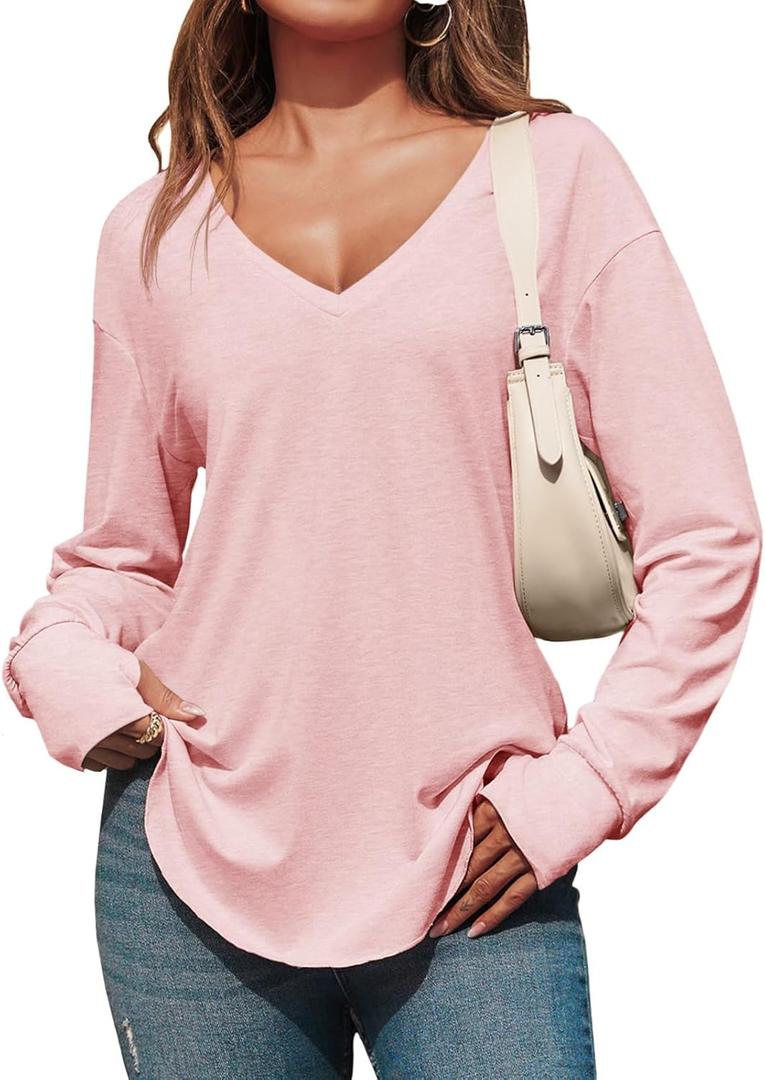 Tankaneo Womens Deep V Neck Tunic Tops Long Sleeve Oversized Casual Loose Fit Curved Hem T Shirts (Small, Pink)