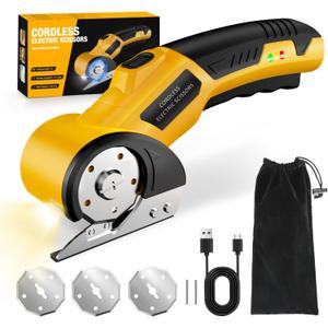 Cordless Electric Scissors: 4V Rechargeable Cardboard Cutter, 3 Blades, Safety Lock & LED Light, Box Cutter for Carton Carpet Plastic Fabric Leather(Yellow