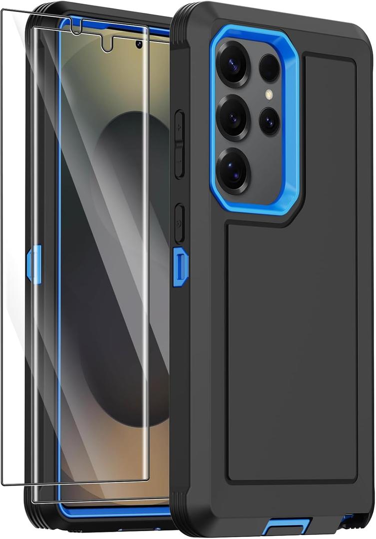 Annymall for Samsung Galaxy S25 Ultra Case with 2 Screen Protector,Shockproof Military Grade Drop Protection Multi-Layer Heavy Duty Rugged Bumpers Tough Cell Phone Protective Cover (Black/Blue)