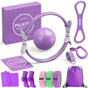 Pilates Ring Set for Women, Home Workout Pilates Equipment with Resistance Bands, 14'' Magic Circle, Mini Ball, Pilates Starter Kit for Strength, Toning and Flexibility (Medium-Level2, Purple)