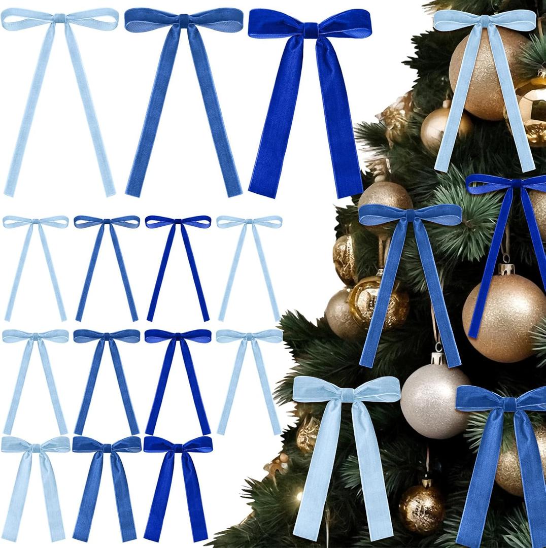 LOYIM 48 Pcs Velvet Christmas Wreath Bow Bulk Christmas Velvet Bow Vintage Ribbon Bows Xmas Tree Bows for Christmas Autumn Garland Wedding Decoration 3 Size Width of 3/8'' 5/8'' 1'' (3 Blue)
