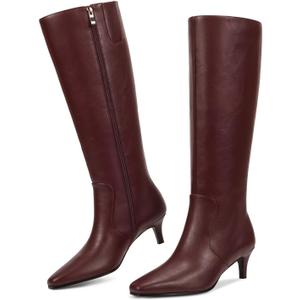 wetkiss Rhinestone/PU Low Chunky Pointed Toe Knee High Boots for Women with Full Bling Sparkly Crystals Booties for Wedding Party Date Dress (7, Kitten Burgundy Red)