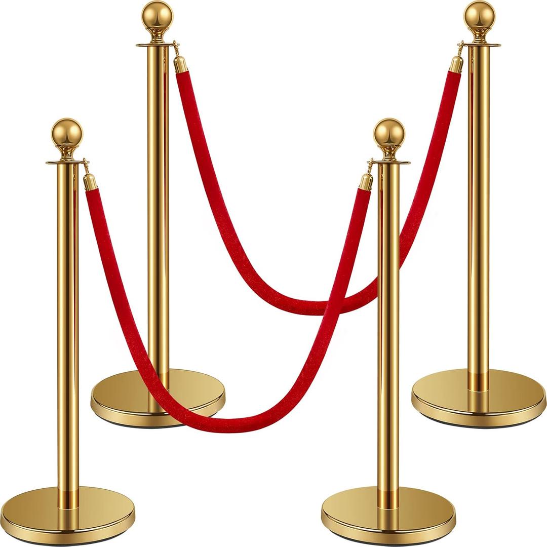 Ferraycle 4 Pcs Stainless Steel Stanchion Post Queue 5 ft Velvet Carpet Ropes and Pole Crowd Control Barriers Grand Opening Casino Theme Party Decorations 360 Photo Booth Accessories (Gold) (Gold)
