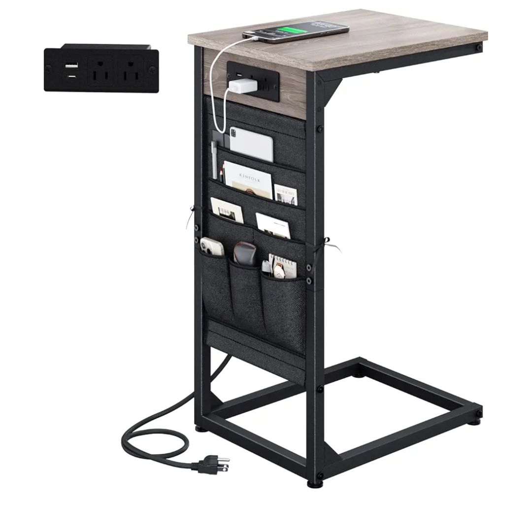C-Shaped End Table with Fast-Charging Station, Small Couch Side Table with Storage Bag, Sofa TV Tray Table for Living Room, Bedroom, Bedside ET-GY-1