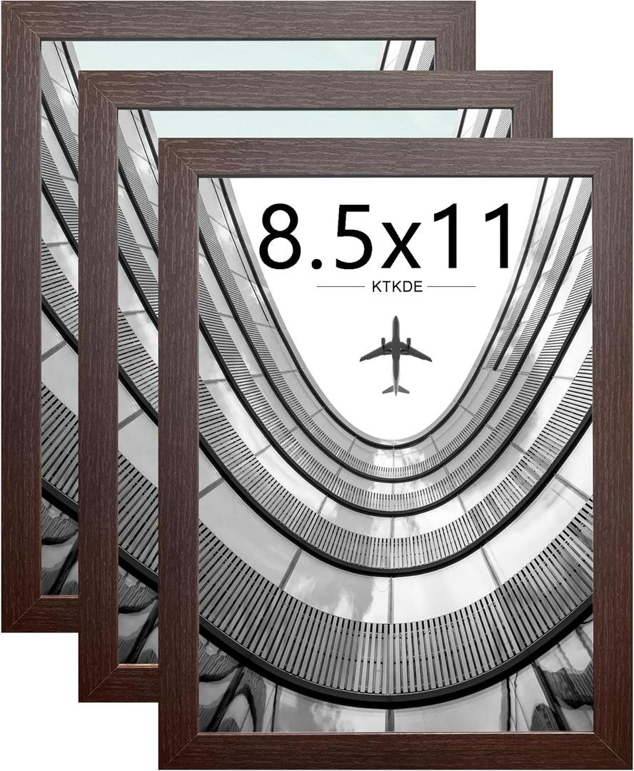 KTKDE 8.5x11 Picture Frame set of 3, Certificate Document Frame Diploma Frames Walnut, Poster and Photo for Wall Hanging or Tabletop with Shatter Resistant Plexiglass Home Decor best gift