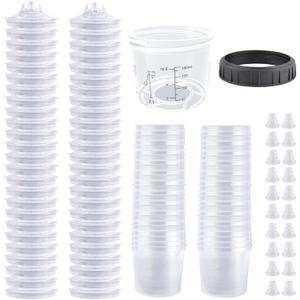 Disposable Paint Spray Gun Cup System for HVLP Paint Spray Paint Gun, Standard 6 Ounce (180ml) Kit with 50 Cups and Lids, 1 Hard Paint Mixing Cup with Retainer Ring and 20 Plugs