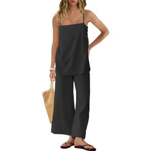 Panadila 2 Piece Linen Set Summer Travel Beach Vacation Outfit Sexy Spaghetti Strap Tank Top and Pants with Pockets (Small, Black)