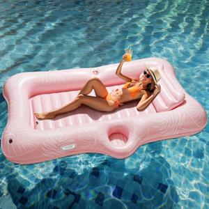 HeySplash Inflatable Pool Float Lounge, Large Inflatable Pool Floats Boat for Adults with Cup Holder & Detachable Pillow, Tanning Pool Lounger Float for Outdoor Lake River Summer Water Party, Pink Leaf