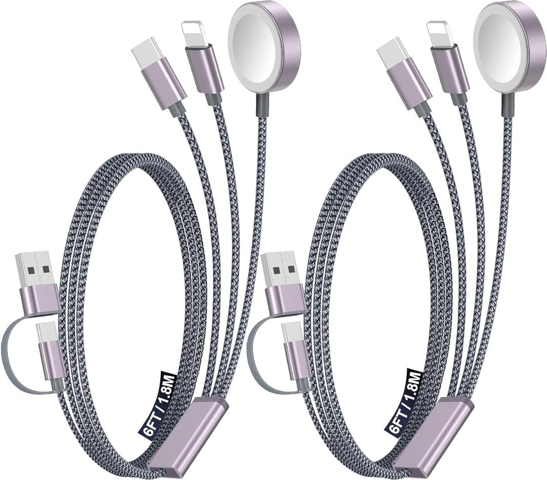 2Pack Multi Charging Cable Cord for Travel Essentials,Apple Watch Charger,iPhone Charger,[3-in-2] Type C/Lightning Cable Portable Designed for iWatch,iPhone 17-8,Galaxy S25-21,AirPods,iPad-1.8M Gray