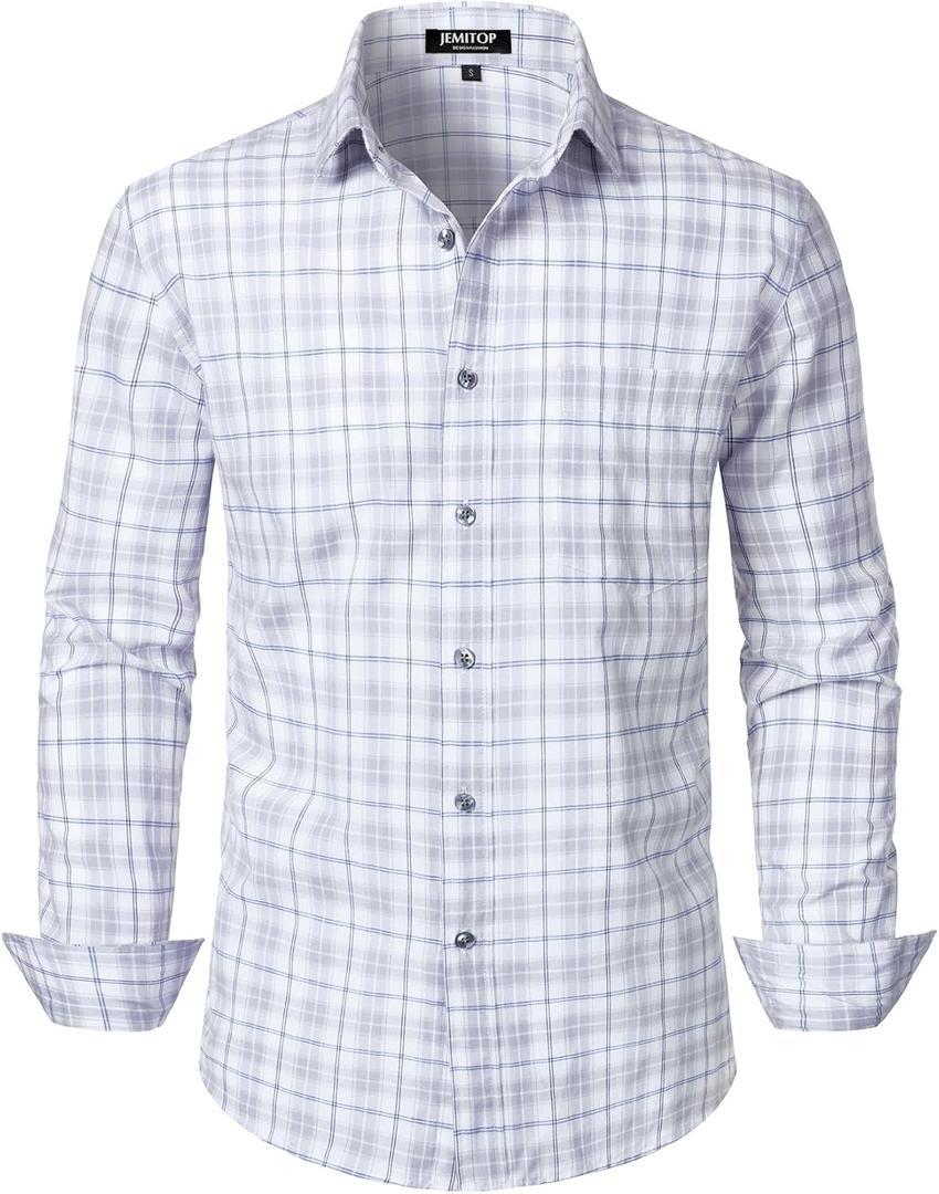 JEMITOP Men's Transitional Weather Slim Fit Long Sleeve Button Down Shirt Business Casual Dress Shirts with Pocket (Medium, White Grey Gingham)