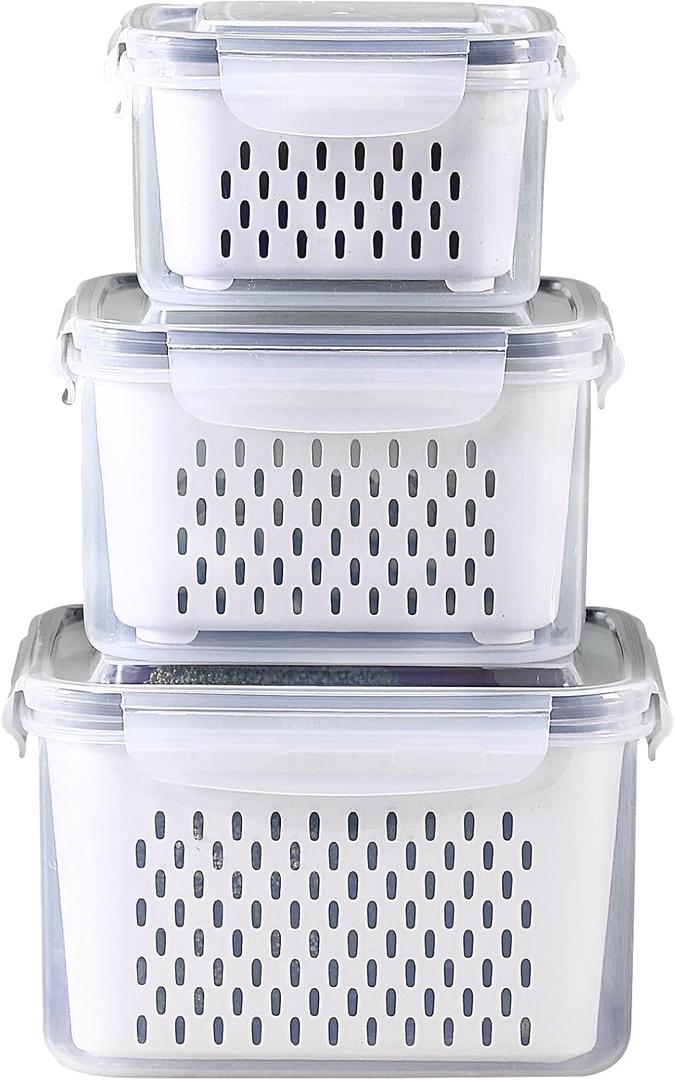 3Pack Fridge Food Storage Container Set with Lids with Strainer, Fruit Vegetable Storage Containers Keep Fruits, Vegetables, Berry, Meat Fresh longer, BPA-Free Plastic Produce Keepers
