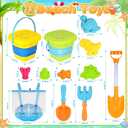 SpringFlower Beach Sand Toys for Kids, Sand Toys with 2 Collapsible Beach Bucket with Sifter Shovels Set with Mesh Bag and 6 Sand Molds, Foldable Beach Travel Beach Sandbox Toys, 11 PCS
