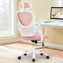 Sweetcrispy Home Office Desk Chair, Ergonomic High-Back Mesh Rolling Work Computer Chairs with Wheels and Adjustable Headrests, Comfortable Lumbar Support, Comfy Flip-up Arms for Bedroom, Study, Grey (Coral Pink)