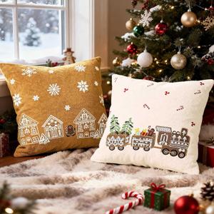 Lanpn 16x16 Christmas Pillow Covers Set of 2, Embroidery Gingerbread Man House Decorative Holiday Pillowcase Pillow Case Cushion 16 x 16 for Indoor Home Bedroom Sofa Couch Xmas Decor (Beige & Brown)