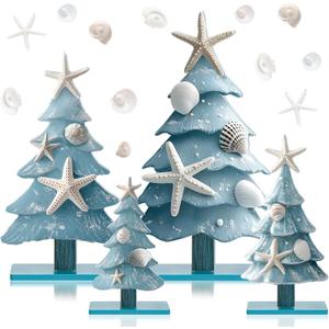 Barydat 4 Pcs Blue Coastal Summer Table Decorations Wooden Ocean Themed Tree Centerpieces Table Decoration for Summer Party Home Indoor Home Kitchen Office Room Decor