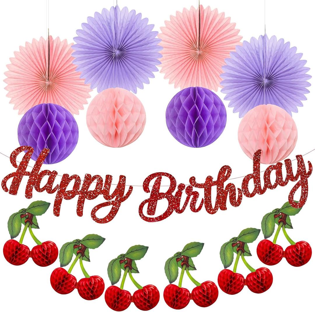 15 Pcs Cherry Birthday Decorations Kit, Hanging Red Pink Purple Honeycomb Paper Lanterns, Honeycomb Fans, Happy Birthday Banner Set for Girls Women Bridal Shower Baby Shower Birthday Party Supplies