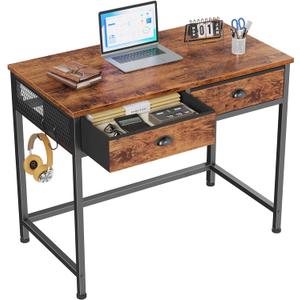 Furologee Small Computer Desk with 2 Fabric Drawers for Bedroom,34 Inch Home Office Writing Desk, Vanity Desk with Hooks, Simple Study Desk for Small Spaces, Makeup Dressing Table, Rustic Brown