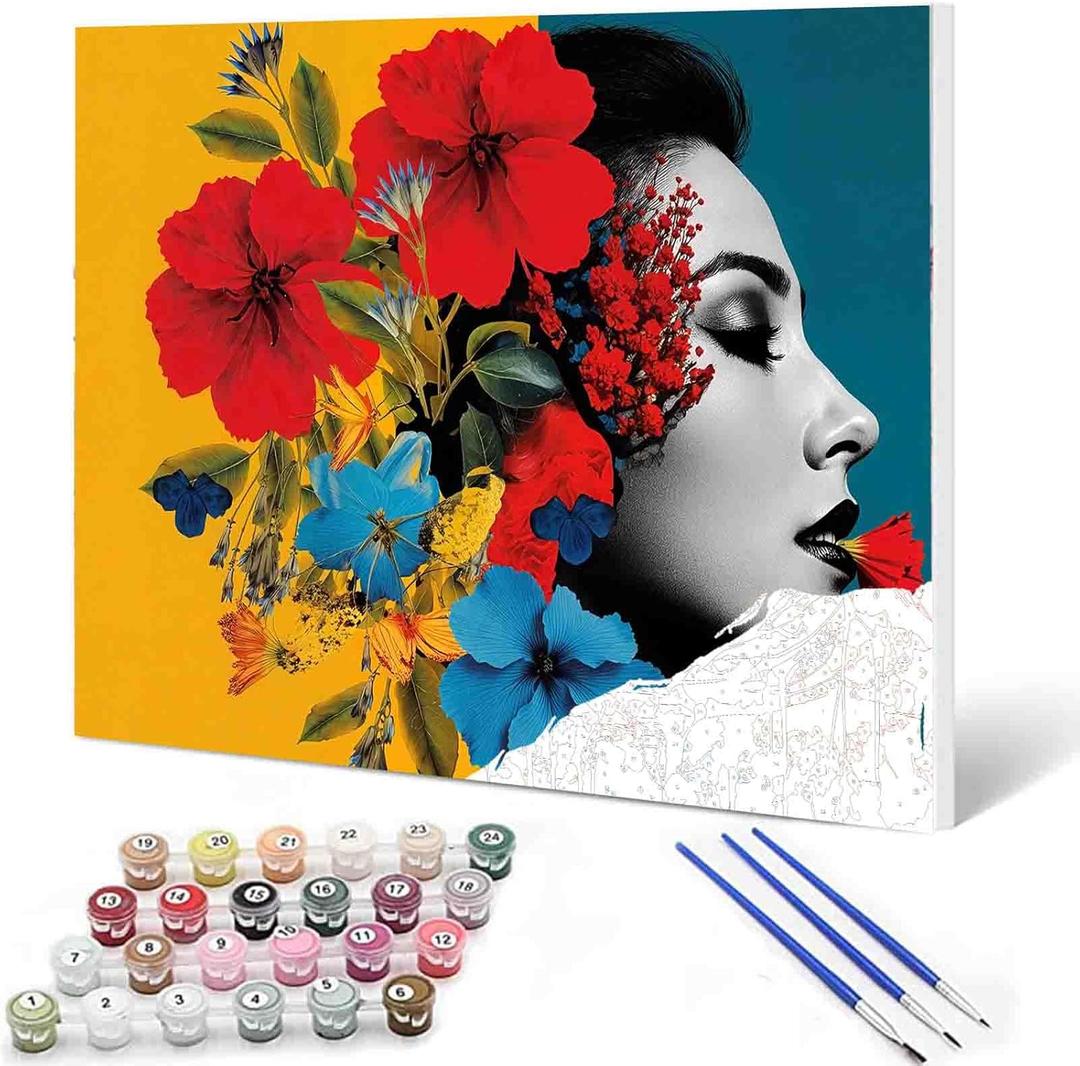 Aihonmin Paint by Numbers Kits 16x20 inch Canvas Closed-Eye Woman DIY Digital Oil on Canvas Flower Painting for Adults and Beginner with Brushes and Acrylic Pigment Modern for Home Decor (Frameless) (Abstract Woman-06)