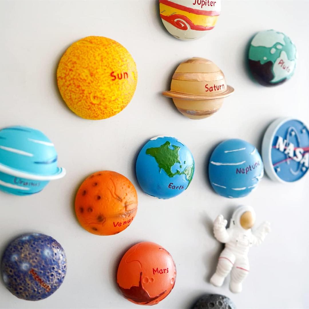 13PCS Space Magnet Set - 3D Solar System Planet Toys with Sun, 8 Planets, Moon, Pluto, Astronaut - Strong Magnets for Fridge, Lockers & Room Decor - Gift Box Included