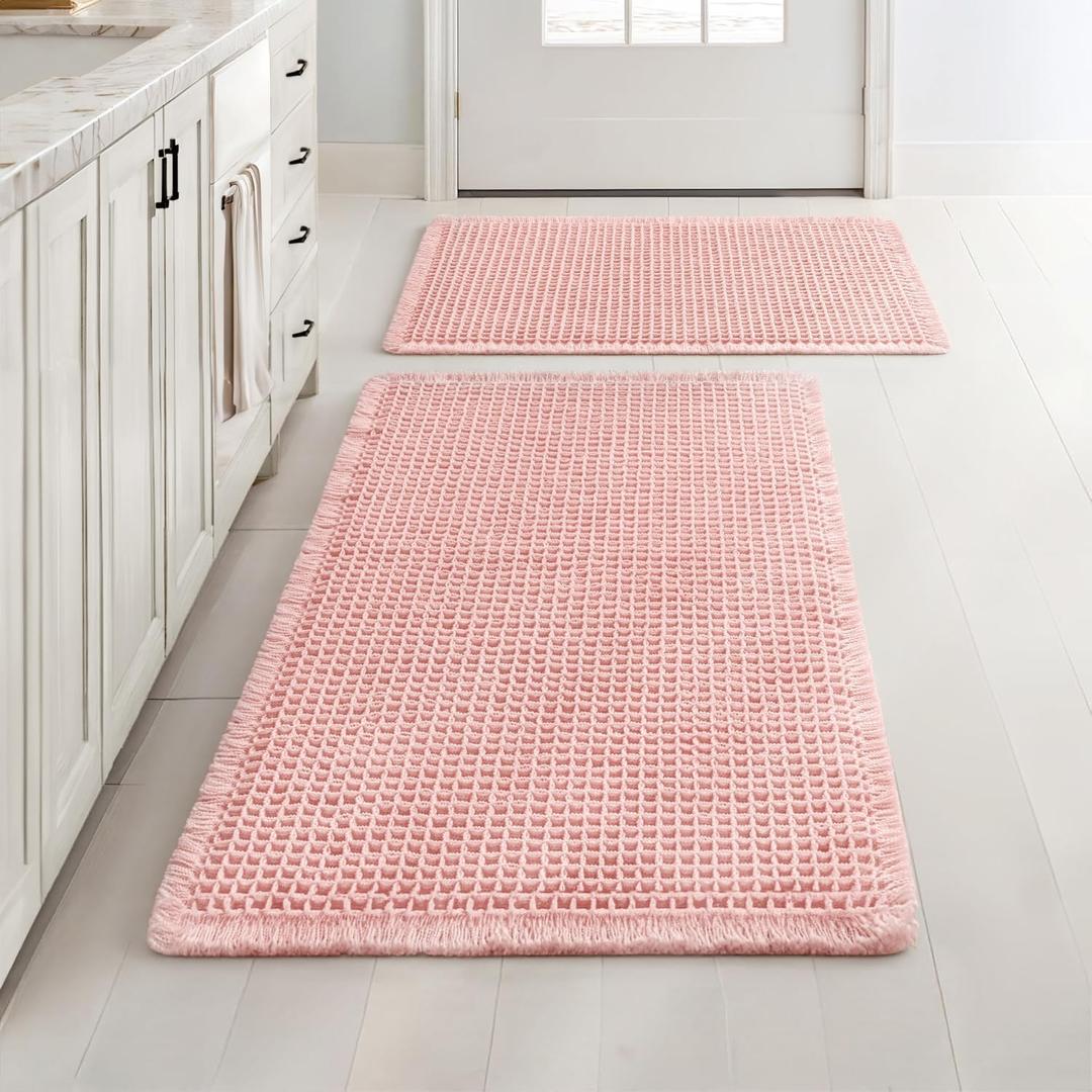 MIULEE Set of 2 Waffle Bathroom Rugs, Boho Bath Rugs Non Slip Washable, Super Absorbent Bath Mats, Ultra Soft Rubber Backed Shower Mats for Bathroom Floor, Tub, Pink, 17"x24"+18"x30"
