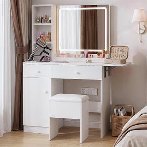Haewon Vanity Desk Set with Lighted Mirror and Chair, White, Small