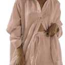 Fixmatti Women 1 Piece Outfits Long Sleeve Button Down Blouse and Shorts Sweatsuit Sets, M, Tobacco Brown