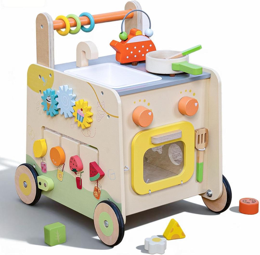 Wooden Baby Walker 3-in-1 Push Toy for Toddlers, Montessori Sensory Activity Center with Pretend Kitchen, Adjustable Speed Learning Walker, Safe Wooden Toy, Ideal Gift for Boys and Girls