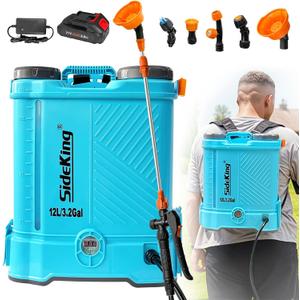 SideKing Battery Powered Backpack Sprayer 3.2 Gallon, 0-80 PSI Adjustable Pressure Sprayer Compatible with Makita 18V Battery, Electric Sprayer with Wand, 5 Nozzles, 2.0Ah Battery&Charger Included