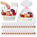 Kolldenn 24 Set Valentine's Day Empty Gift Basket to Fill Colorful Conversation Heart Bouquet Box with Handles Pull Bows Cellophane Bags and Card for Valentine Party Favor Supplies, 9.8 x 6.5 Inch
