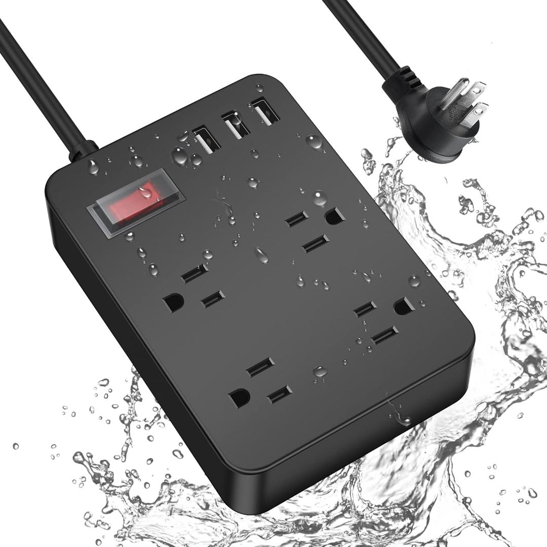 Outdoor Power Strip Weatherproof, Waterproof Surge Protector with 4 Outlets, 3 USB, Shockproof Overload Protection, Multi Outlet Extension for Camping, Garden, Kitchen, Bathroom, 6ft Cord, with Flat Plug
