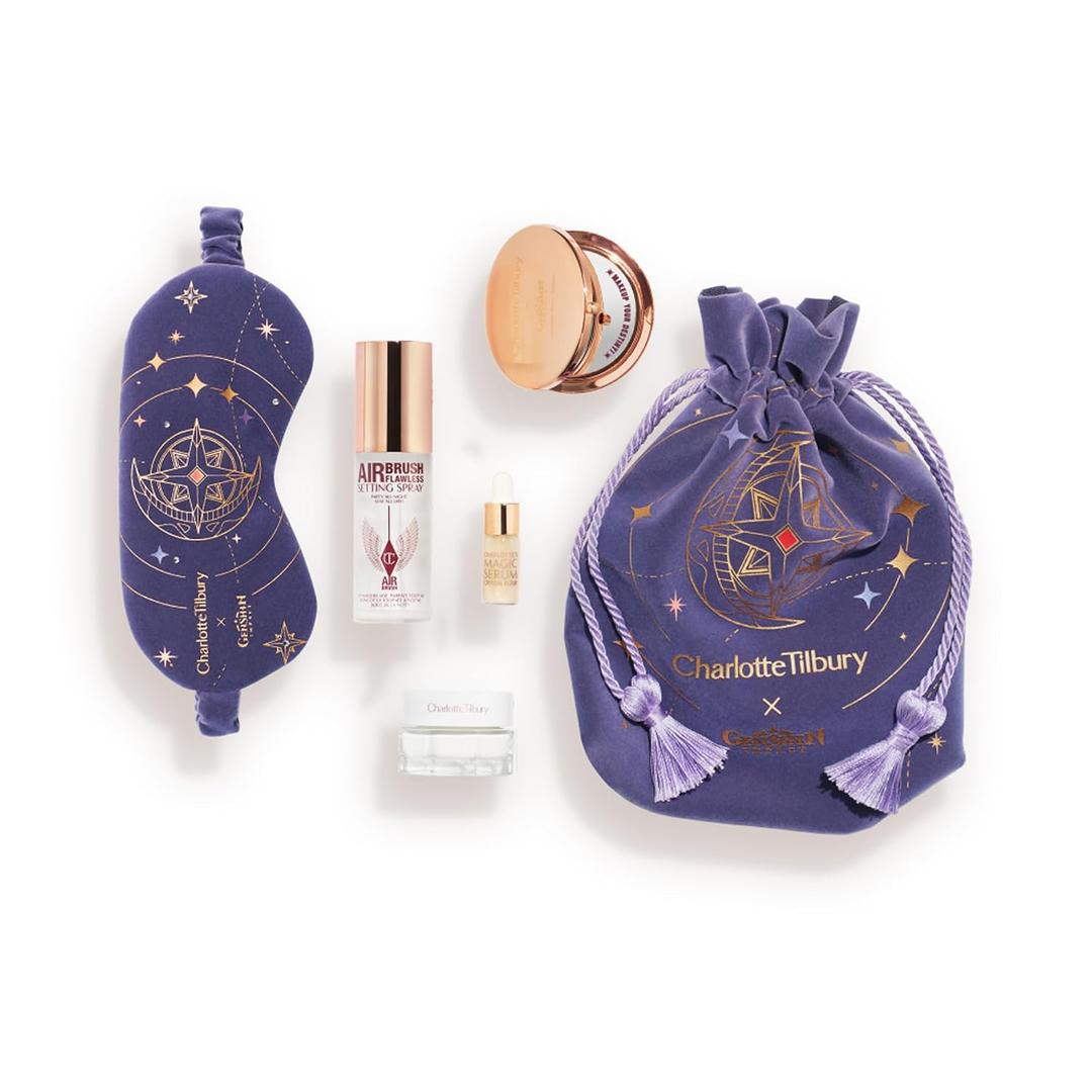 Charlotte Tilbury x Genshin Impact Starfell Treasure - Travel Size Skincare Kit - Magic Water Cream, Crystal Elixir, Setting Spray, Compact Mirror & Genshin Accessories - Pouch Included (6 Count)