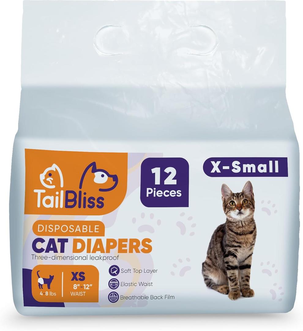 Generic TailBliss Disposable Female Cat Diapers, 12 count | Three Dimensional Leak-Proof Protection, Wetness Indicator and Breathable back film (X-Small), White