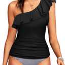 Yonique Women's Two Piece Swimsuits One Shoulder Tankini Tummy Control Bathing Suits Ruffle Swimwear (XLarge, Black and Striped)