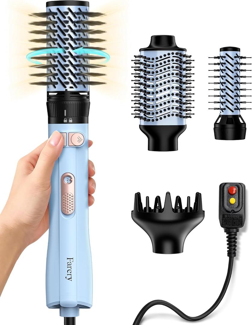 Farery Rotating Hot Air Brush Set 1000W 4 in 1 Blow Dryer Brush Styler with Diffuser, Hold-to-Rotate Round Brush for Volume, Smooth & Curl, Best for Fine to Medium-Thick Hair, Blue