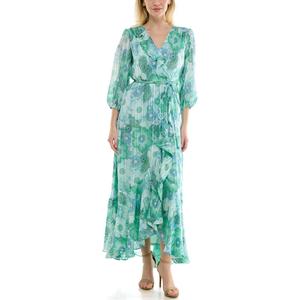 Maison Tara Women's V-Neck Ruffle Faux Wrap Maxi Dress (Green, M)