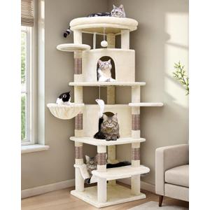 Globlazer Corner Cat Tree for Large Cats, 66inch Tall Curved Series Large Cat Tower for Multiple Indoor Cats with 6 Scratching Posts, 2 Spacious Cat Condos, Hammock, Hanging Basket, C66, Beige