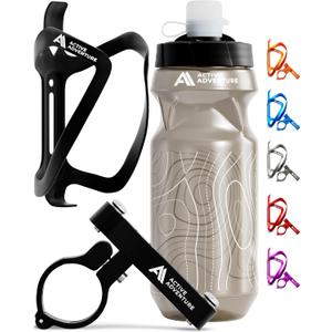 Bike Water Bottle Holder Combo - 20 Oz Squeeze Bottle & Bicycle Mount Cage Rack, No Screws Needed, Durable Alloy - Fits All Handlebar Bikes & MTB Mountain Road - for Adults, Kids (Black)