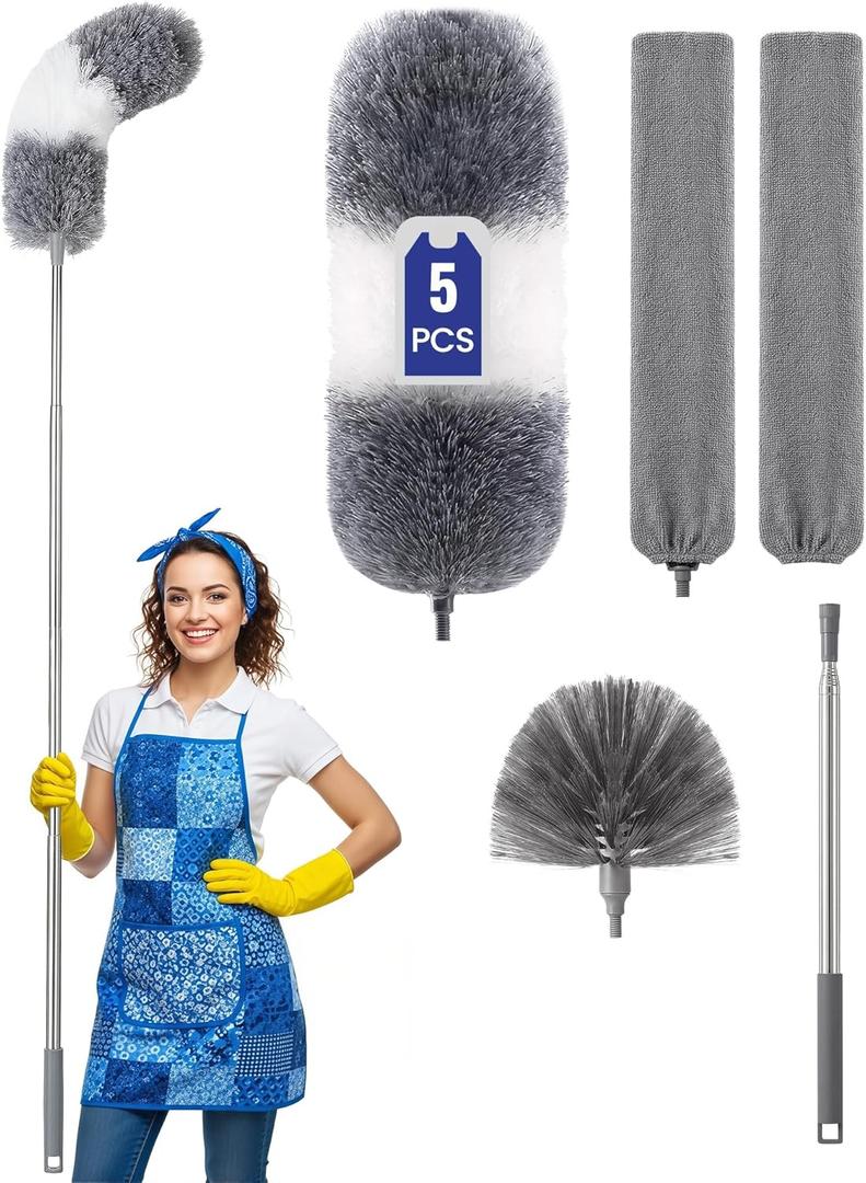 Extra-Long Dusters Kits with Extension Pole, 5 in 1 Cleaning Tools with Extendable Long Handle, Cobweb Duster, Microfiber Dusting Clothes for Gap, High Ceilings and Fans, Blinds, Cars and Furniture