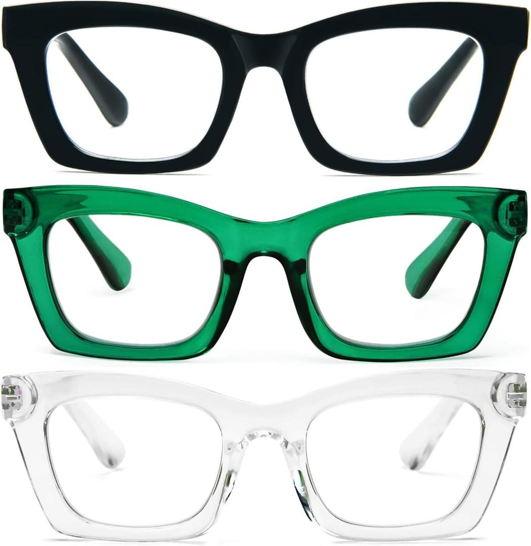 Hubeye Square Reading Glasses for Women Men Blue Light Blocking Computer Fashion Style Readers with Spring Hinge (Black+Transparent+Green), +3.0