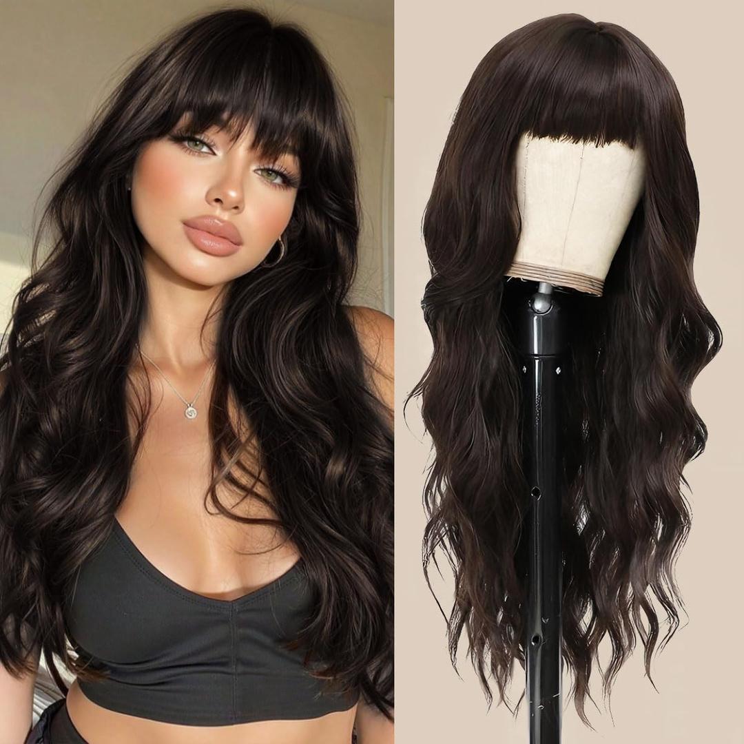 POUWENEY Black Wig with Bangs 26 Inch Long Curly Wavy Wigs for Women BegineerFriendly Synthetic Wig for Daily Party Holiday Use