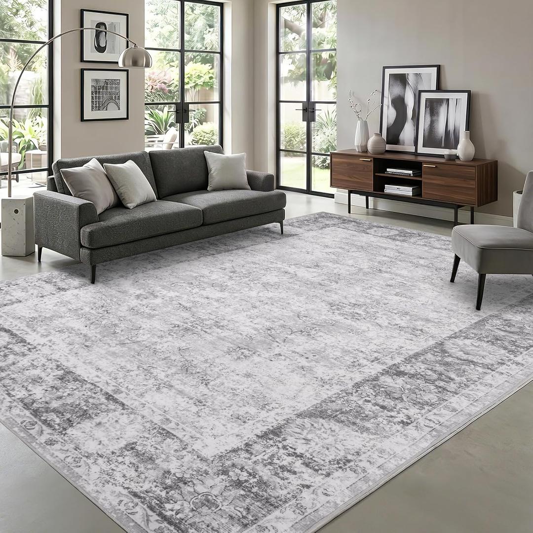 8x10 Washable Rugs for Living Room, Soft Neutral Grey Area Rug