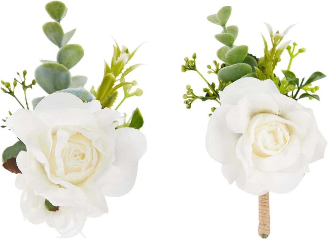 Meldel White Corsage and Boutonniere Set, Ivory Boutonniere, Prom Flower Wrist Corsage Bracelets, Homecoming Corsage Wristlet, Men Boutonniere for Wedding Flowers Accessories Prom Suit Decorations