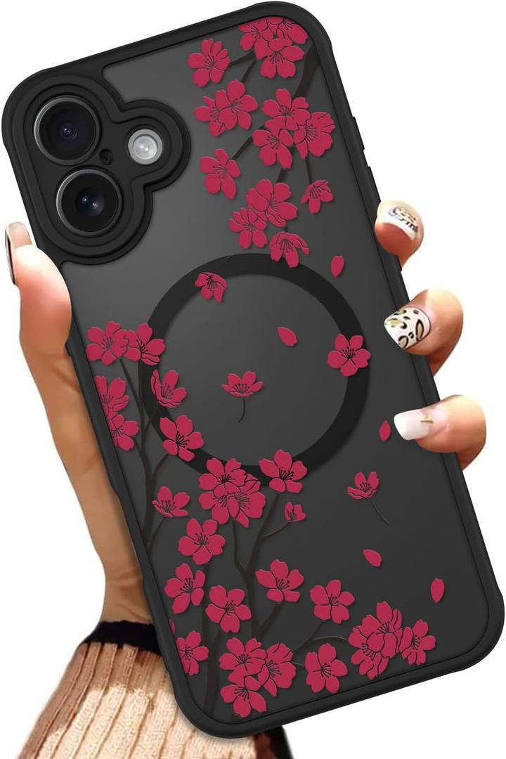 OOK Case for iPhone 17 6.3 Inch (Compatible with MagSafe) Cherry Blossom Red Floral Flowers Translucent Phone Cover Soft TPU + Hard PC Anti-Scratch Shockproof Magnetic Cute Case for Women