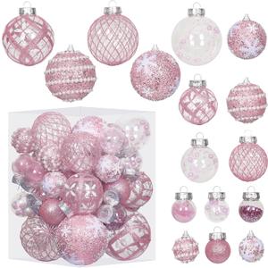 Super Holiday Christmas Ball Ornaments, 33PCS Pink Clear Shatterproof Plastic Foam Ornaments Set for Hanging Xmas Tree Holiday Thanksgiving Valentine's Day Party Decor.