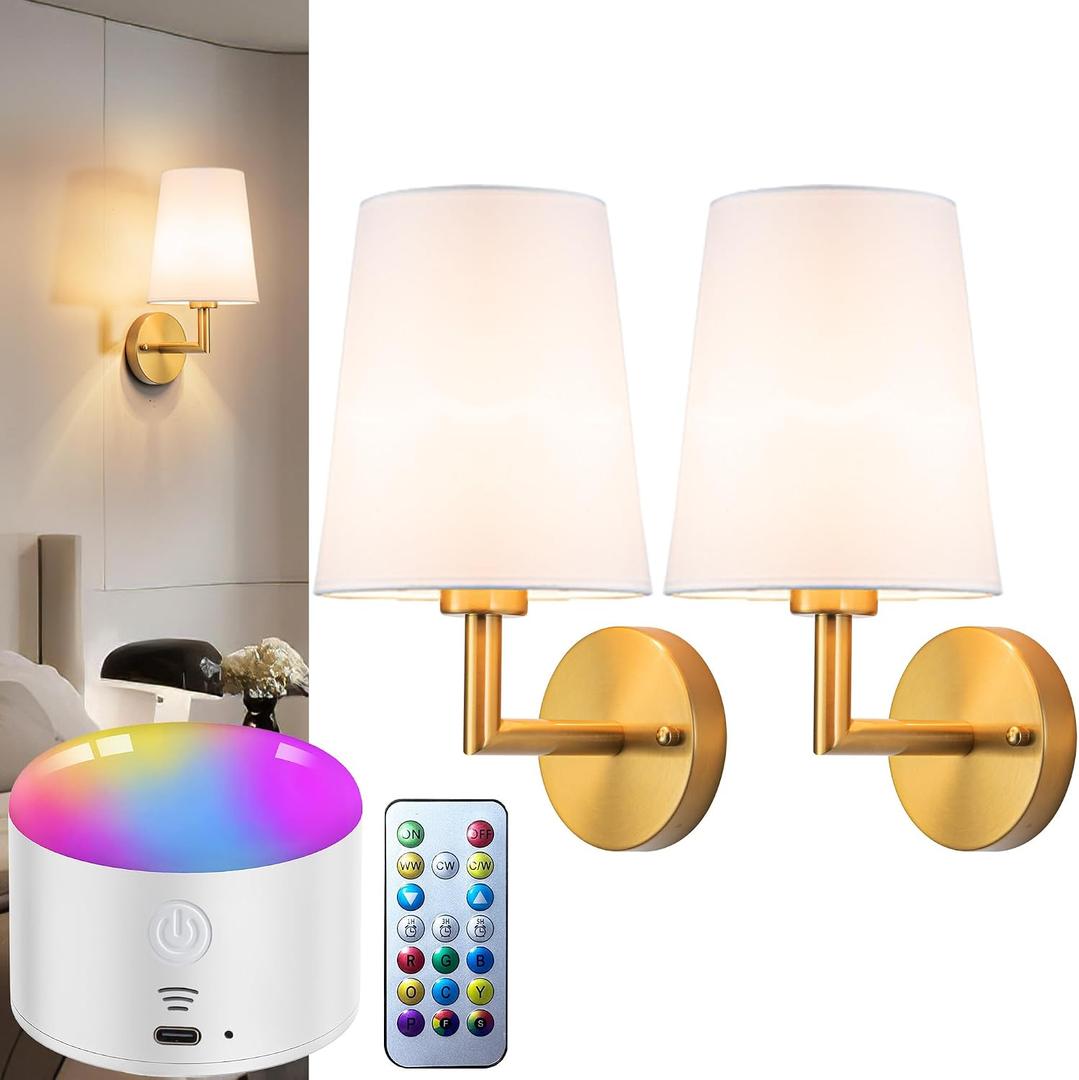 Battery Operated Wall Sconces Set of 2, 10000mAh Rechargeable Wall Lights with Remote, RGB Dimmable LED Sconce Lighting for Bedroom Living Room Hallway, No Wiring Required