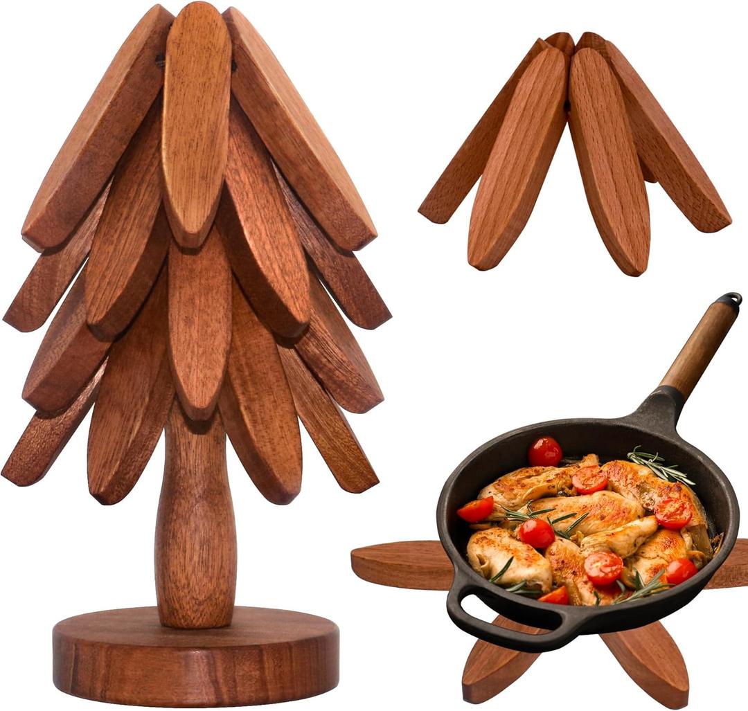 Wooden Trivets for Hot Dishes, Wooden Tree Trivet Set of 4 for Easy Storage - Suited for Hots, Pans/Bowl, Teapot, Hot Holders - Multifunctional Ornaments (Dark - 4 PCs)