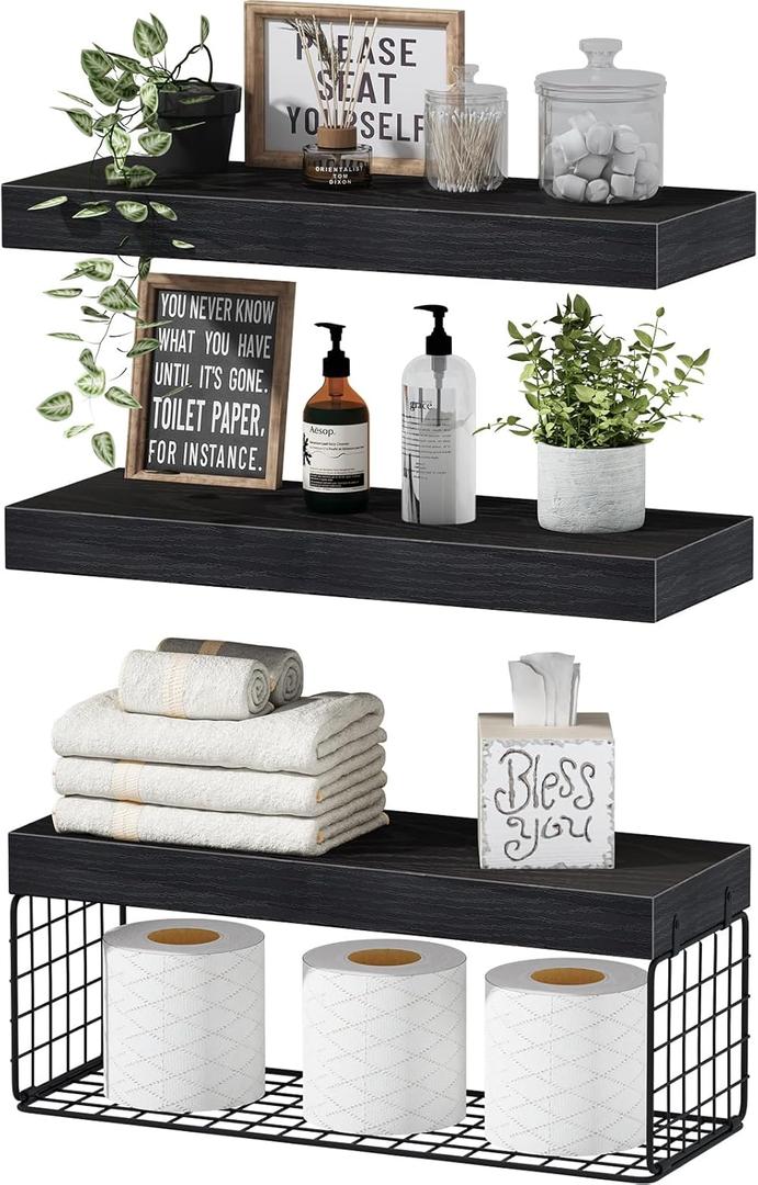 QEEIG Bathroom Shelves Over Toilet - Wall Mounted Floating Shelves Toilet Paper Storage Small Farmhouse Decor Shelf 16 inch Set of 3, Black (019-B3)