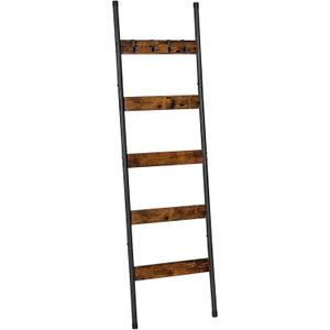 HOOBRO Blanket Ladder, 5-Tier Towel Rack with Hooks, Wall-Leaning Blanket Rack, Decorative Display Ladder Shelf, Scarves, Industrial, Living Room, Bedroom, Rustic Brown and Black BF52CJ01 (17.3"L x 63"W)